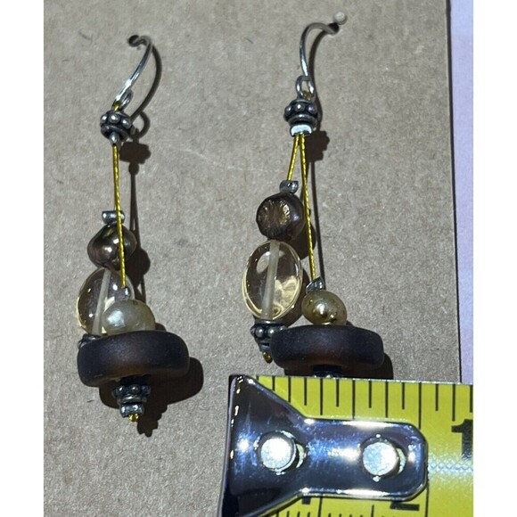 Recycled Sea Glass & Fresh Water Pearl Danglers Yellow & Brown Silver Plated - Picture 4 of 5